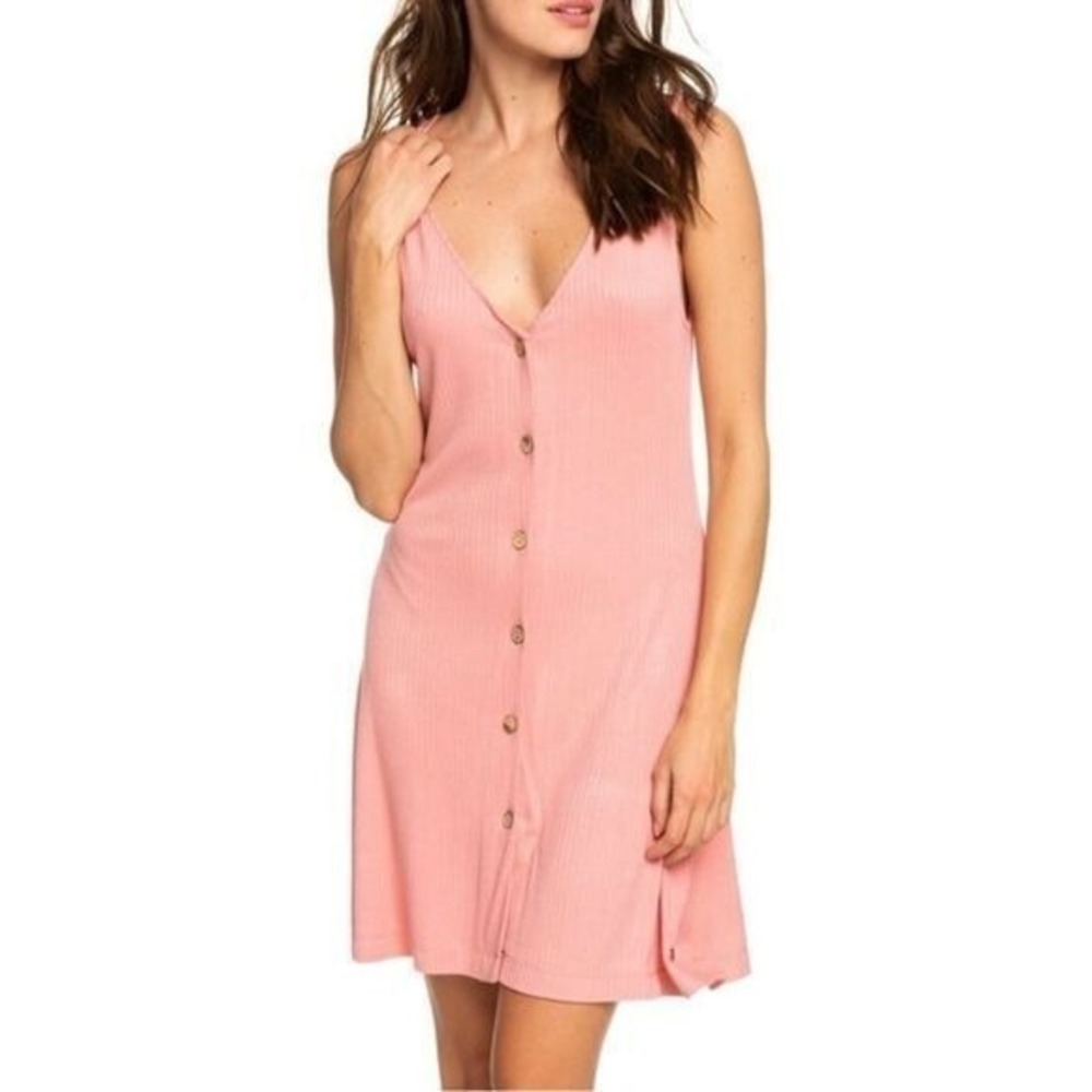 Roxy Pink Peach Dream Do Ribbed Wood Button Front Mini Dress V Neck small - Picture 6 of 8